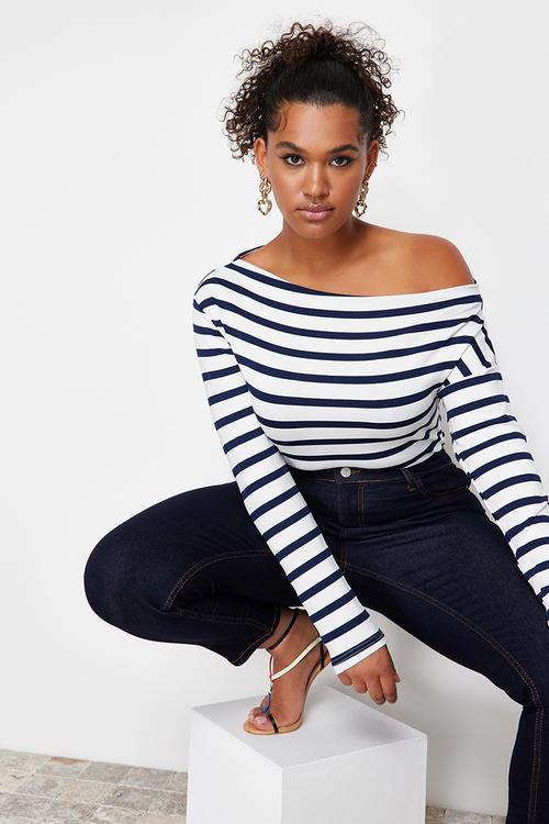 Plus navy blue striped premium boat neck knit blouse - light navy blue
