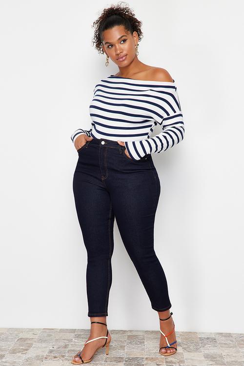 Plus navy blue striped premium boat neck knit blouse - light navy blue