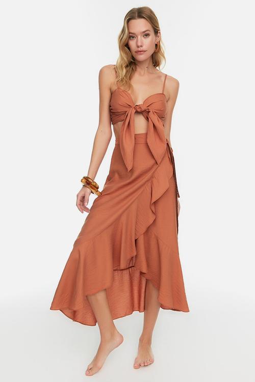 Woven ruffle blouse and skirt set - cinnamon