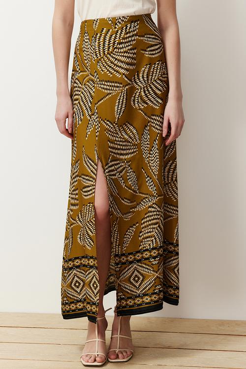 Slit patterned maxi woven skirt - light khaki