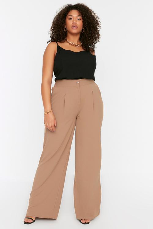 Plus mink high waist pleated woven trousers - mink