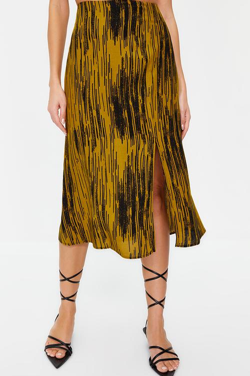 Slit detail viscose fabric patterned midi woven skirt - mustard