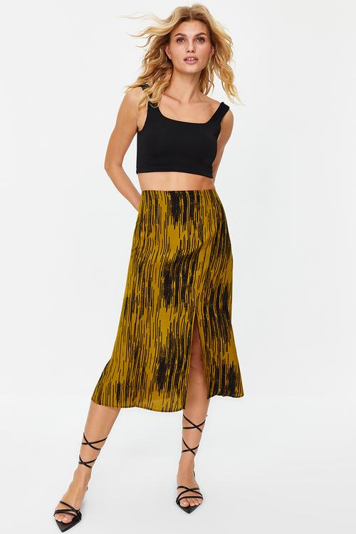 Slit detail viscose fabric patterned midi woven skirt - mustard