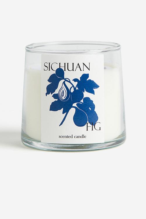 Scented candle in glass holder - blue/sichuan fig
