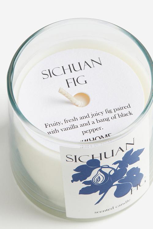 Scented candle in glass holder - blue/sichuan fig