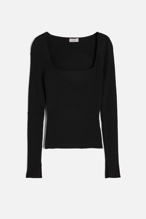 Square-neck rib-knit top - black