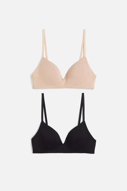 2 pack padded non-wired cotton bras - beige & black