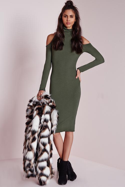 Jersey cold shoulder midi dress