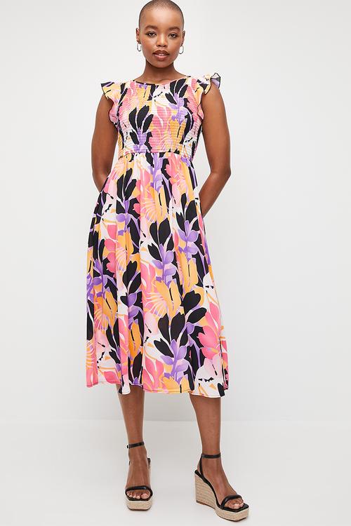 Floral Bold Printed Midi Dress - Purple