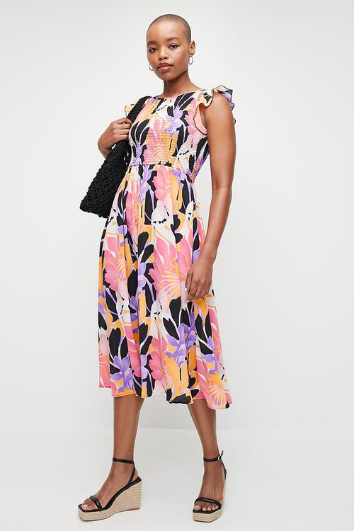 Floral Bold Printed Midi Dress - Purple