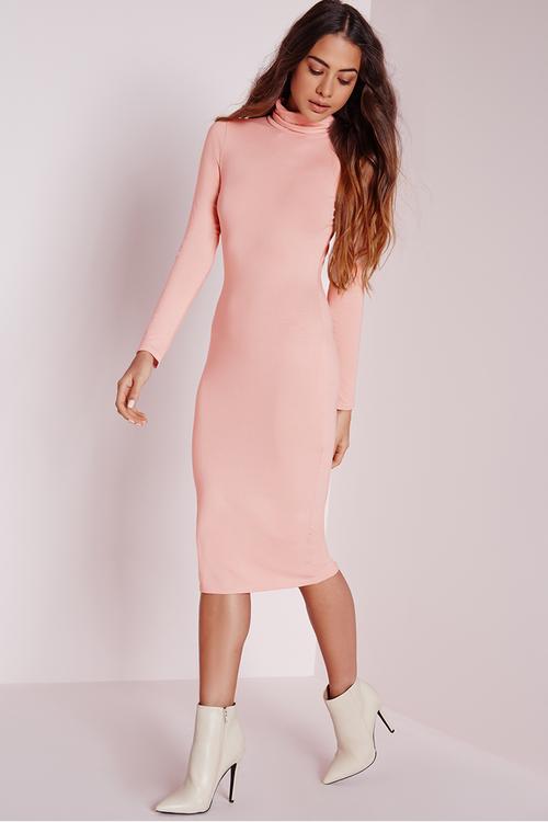 Long sleeve roll neck jersey midi dress