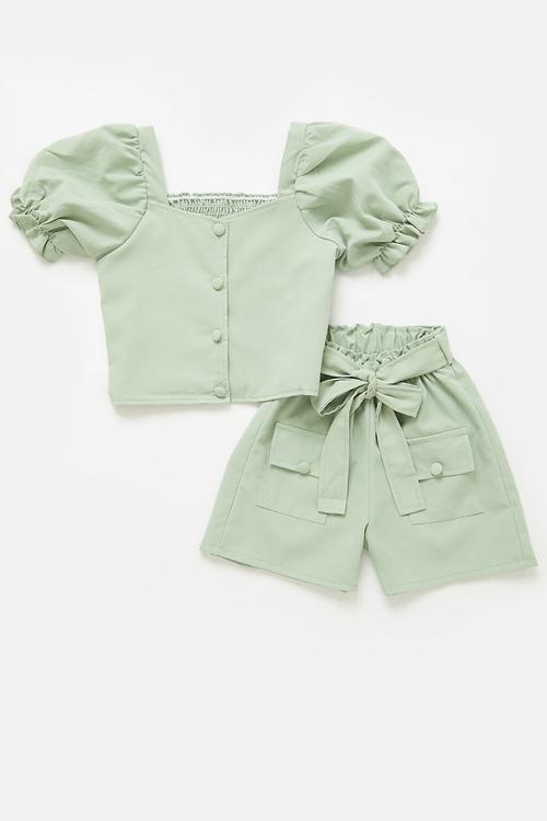 Puff sleeve & bottom set - green