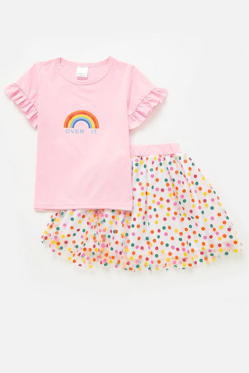 Printed tee & tulle skirt set - pink