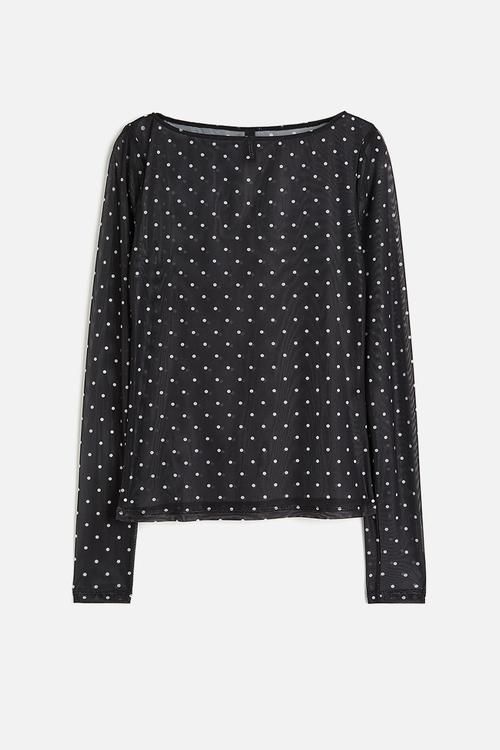 Boat-neck jersey top - black spotted
