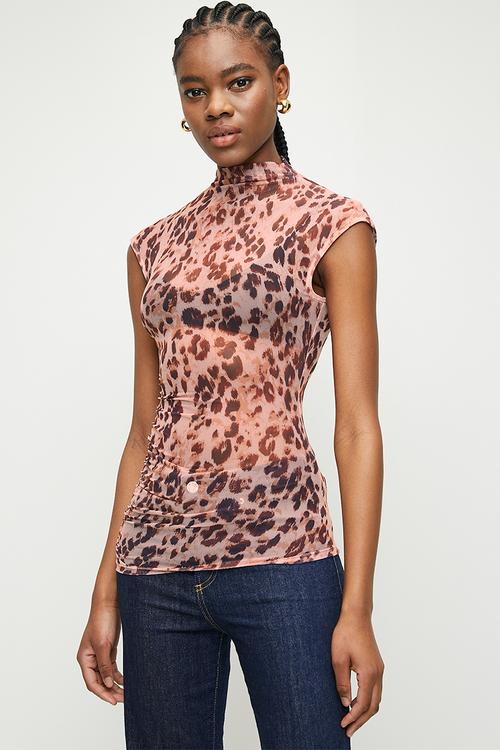 High printed mesh tee - stone leopard