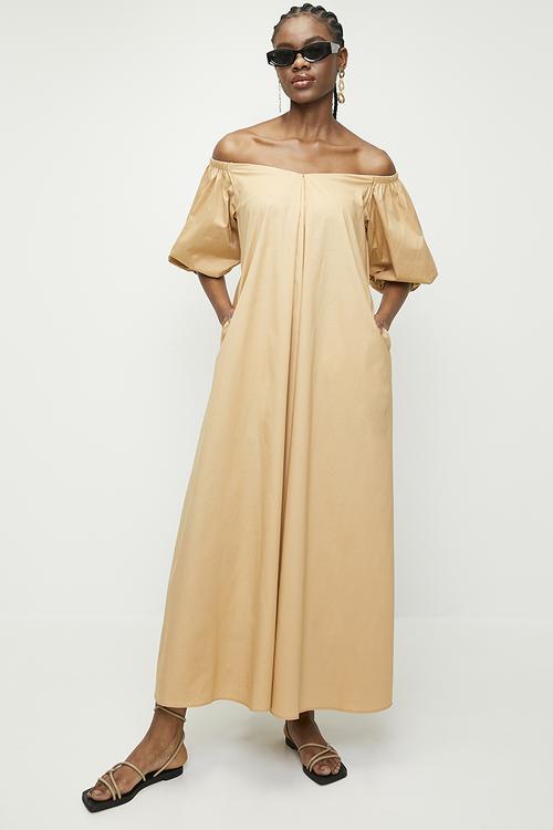 Puff sleeve maxi trapeze dress - candied ginger
