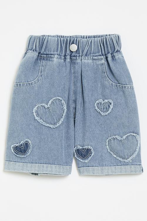 Heart print denim shorts-blue