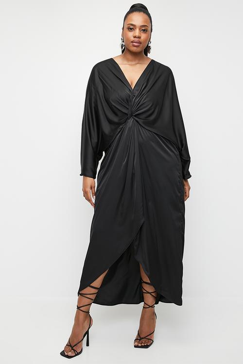 Plus satin knot front midi dress - black.