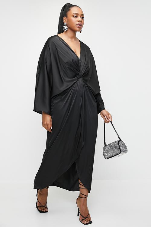 Plus satin knot front midi dress - black.