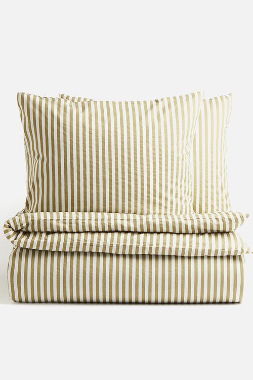 Cotton double/king duvet cover set - Light khaki green Striped