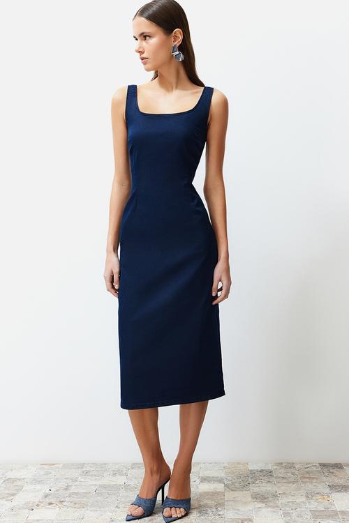 Stitch Detail Denim Midi Dress - Dark Blue