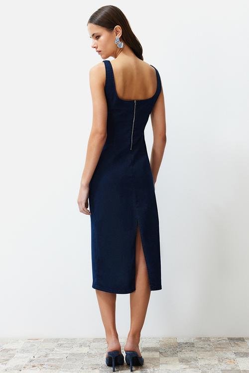 Stitch Detail Denim Midi Dress - Dark Blue
