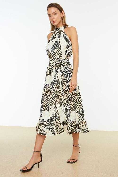 Belted A-line Midi Woven Dress - Camel