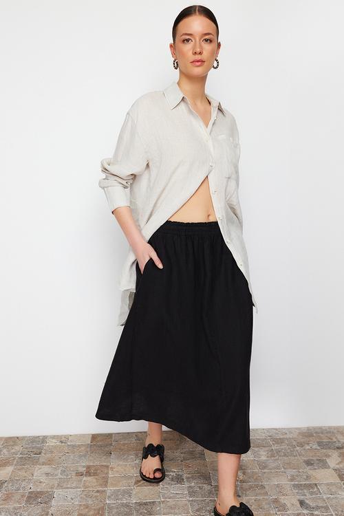 Elastic Waist Midi Skirt - Black