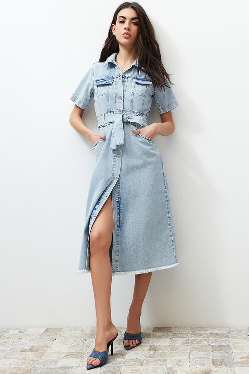 Belt Maxi Denim Dress - Blue