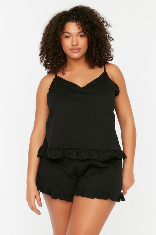 Plus Hanger Knitted Ruffle Detailed Pajamas Set - Black