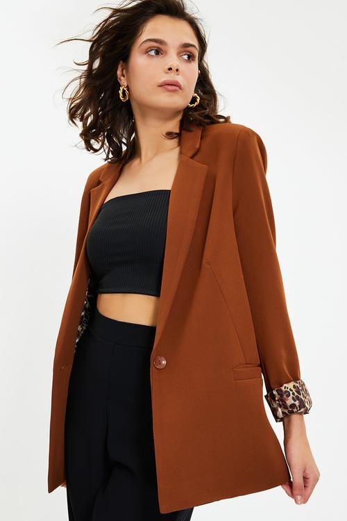 Regular Woven Blazer Jacket with Lining Details - Brown