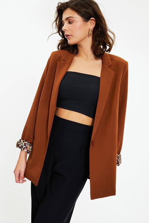 Regular Woven Blazer Jacket with Lining Details - Brown