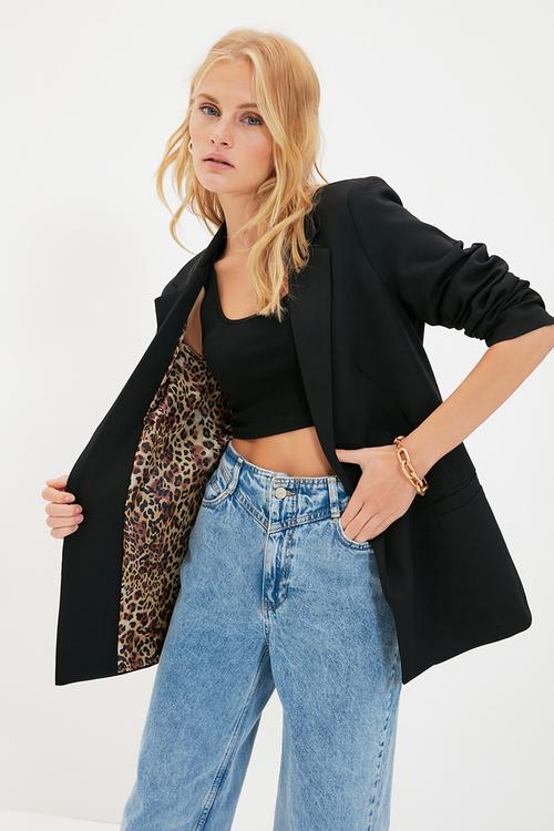 Regular Woven Blazer Jacket with Lining Details - Black