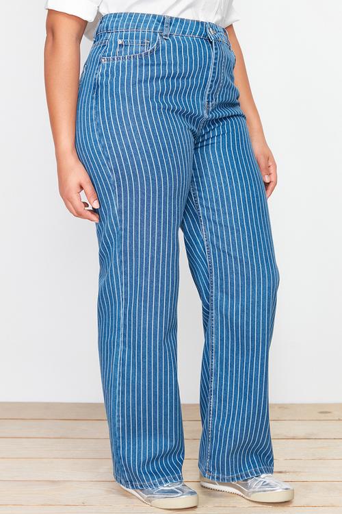 Plus Striped Wide Cut Jeans - Dark Blue