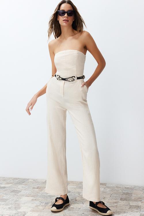 Strapless Collar Linen Look Maxi Woven Jumpsuit - Beige