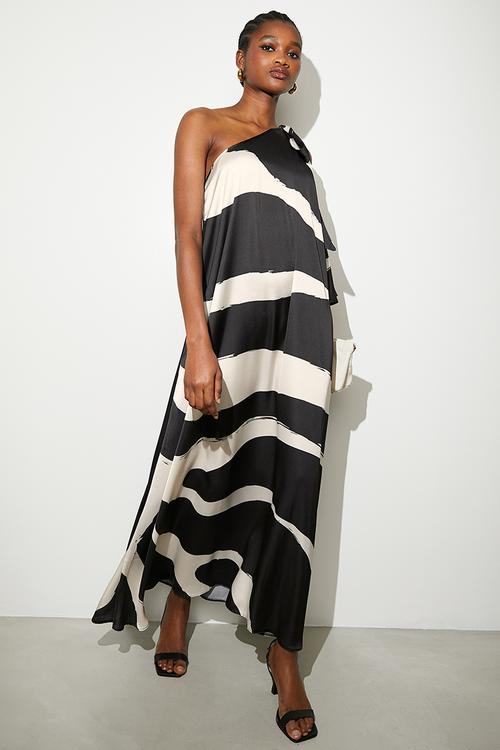 Cold shoulder detail asym kaftan dress - macro painted leopard