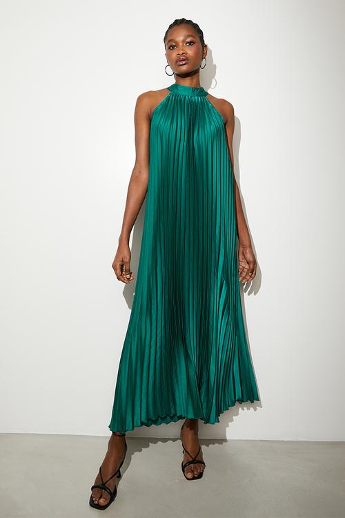 Pleated trapeze midi dress - Green