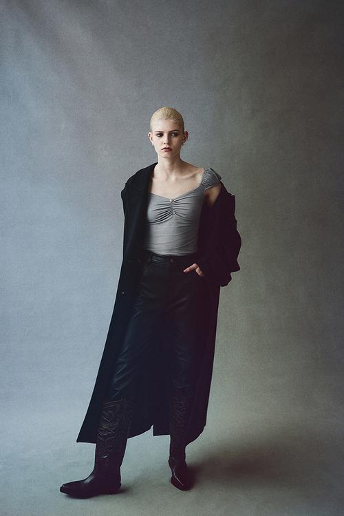 Picot-trimmed puff-sleeved top - grey