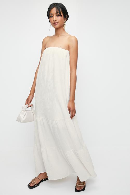 Strapless volume trapeze maxi dress - white cap gray
