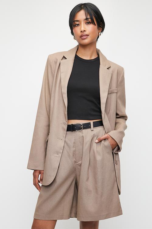Co-ord linen blend walk shorts - taupe