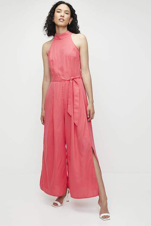 Halterneck Belted Jumpsuit With Side Slits - Peach
