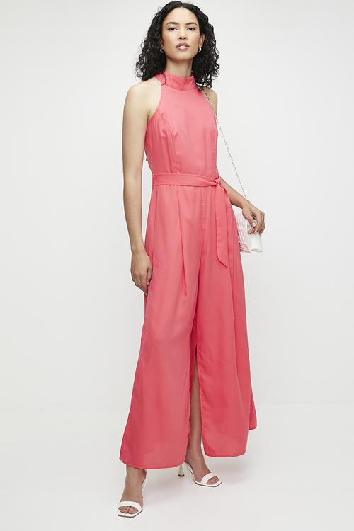Halterneck Belted Jumpsuit With Side Slits - Peach