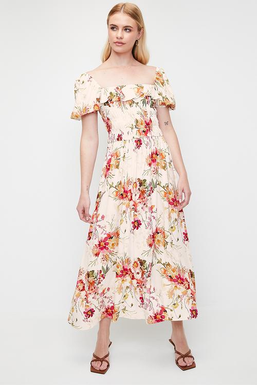 shirring fit & flare midi dress with ruffle - cottage core ditsy