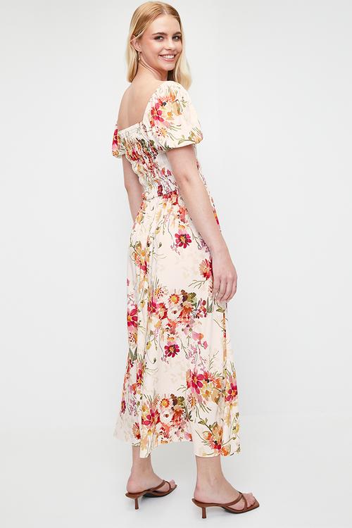 shirring fit & flare midi dress with ruffle - cottage core ditsy