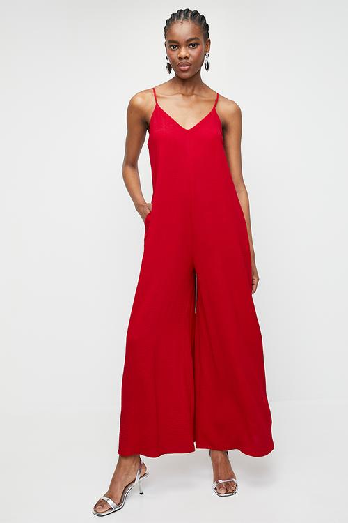 Strappy V Neck Jumpsuit with Wide Leg - Red
