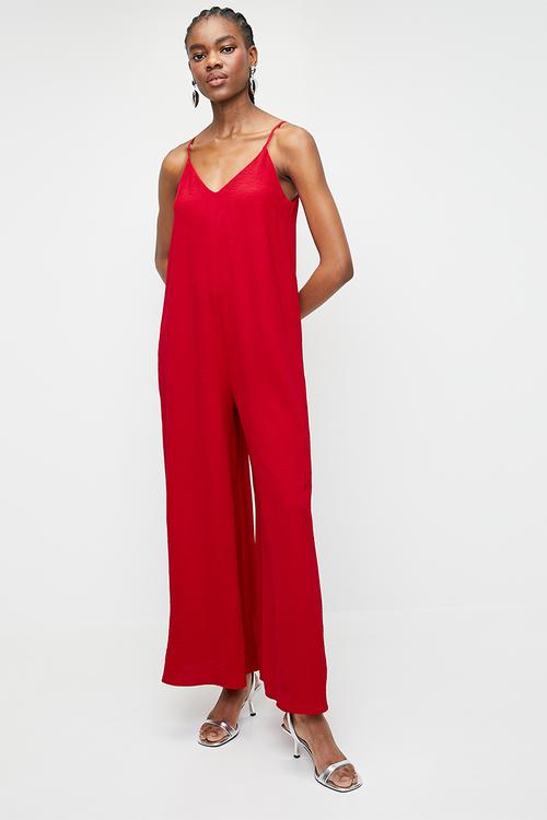 Strappy V Neck Jumpsuit with Wide Leg - Red