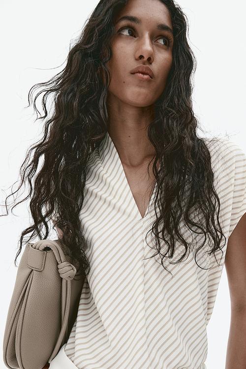 V-neck top - cream & beige striped