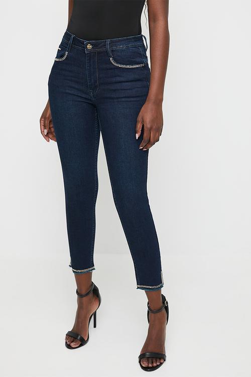 Fargo: Mid- Waist Capri With Pocket And Hem Detail - Blue Black