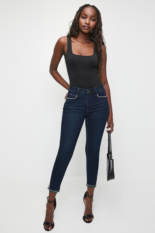 Fargo: Mid- Waist Capri With Pocket And Hem Detail - Blue Black