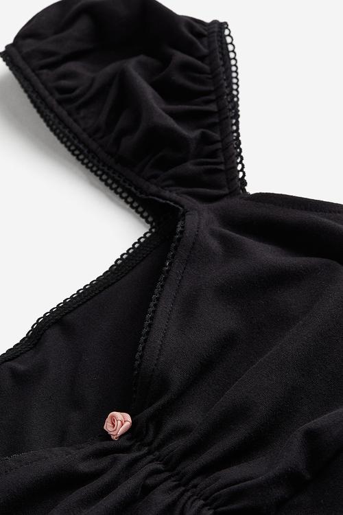 Picot-trimmed puff-sleeved top - black